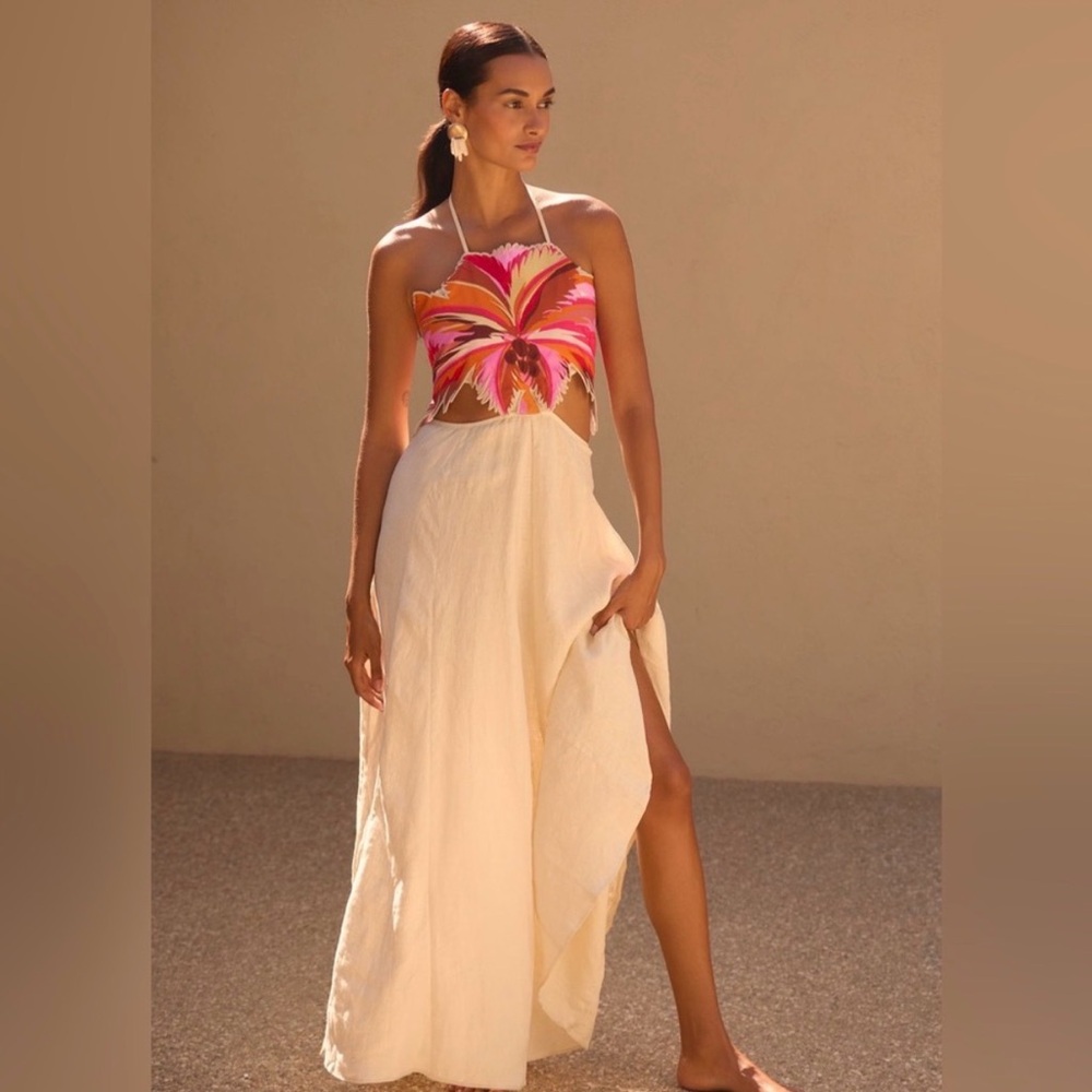 Pink and Cream Halter Maxi Dress
